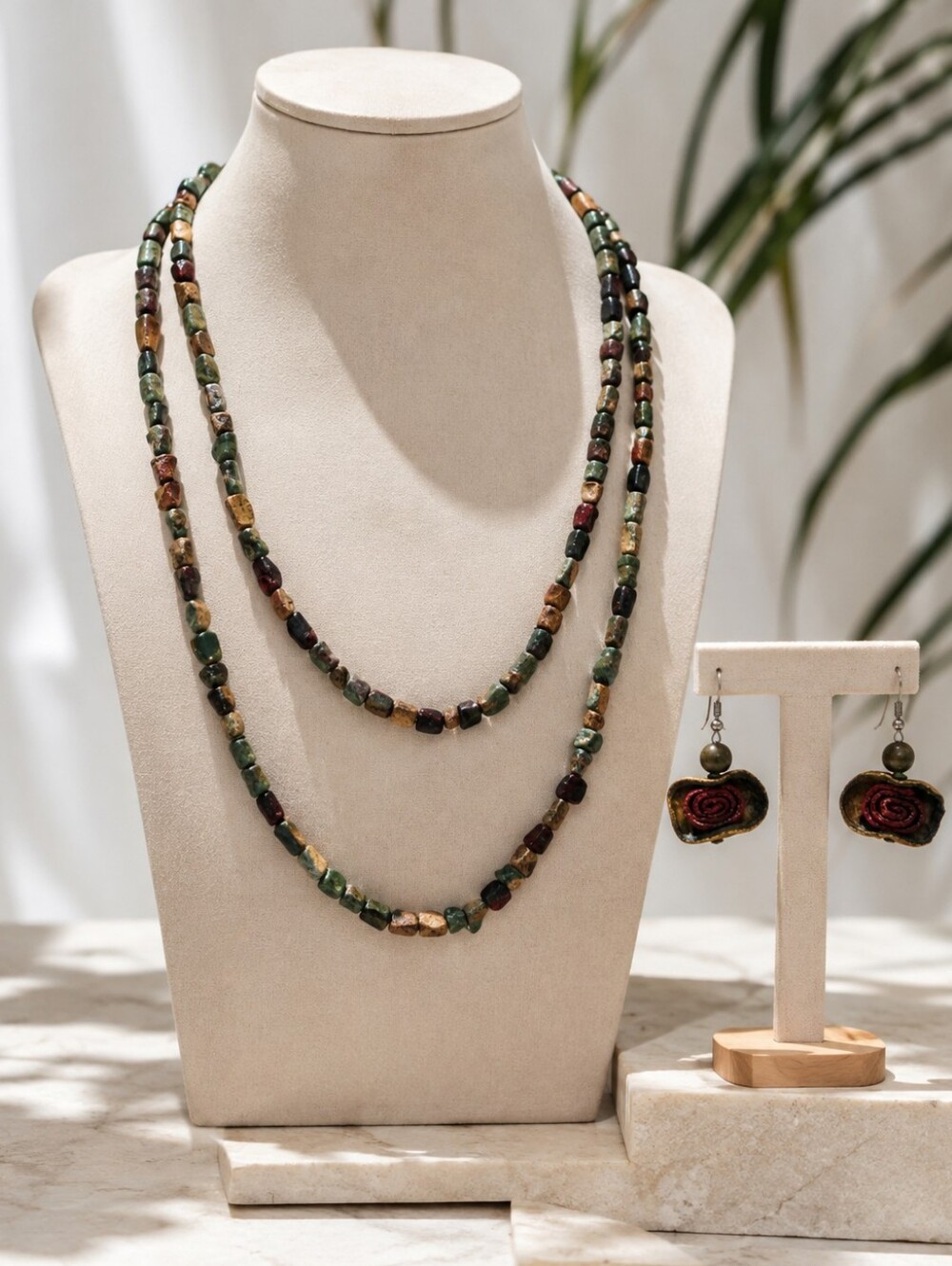 Bohemian Multistone Chip Bead Necklace & Handcrafted Spiral Pod Earrings Set